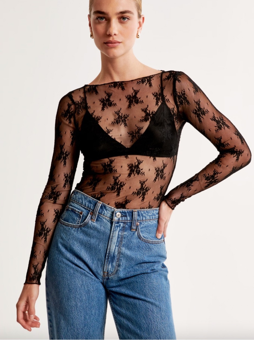 Abercrombie & Fitch Black Sheer Lace Long Sleeve Top